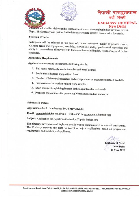 पर्यटन प्रवद्र्धन गराउन भारतका ५ इन्फ्लुएन्सरलाई नेपाल घुमाउँदै दूतावास